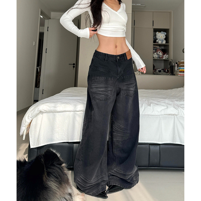 大码美式复古反做口袋低腰设计阔腿牛仔裤女秋冬新款解构百搭长裤