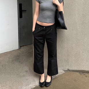 大码美式复古辣妹黑色微喇牛仔八分裤女夏季高街低腰修身百搭中裤