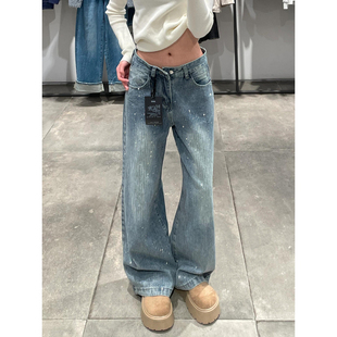 大码美式复古满天星闪闪烫钻牛仔裤女辣妹宽松百搭拖地直筒阔腿裤
