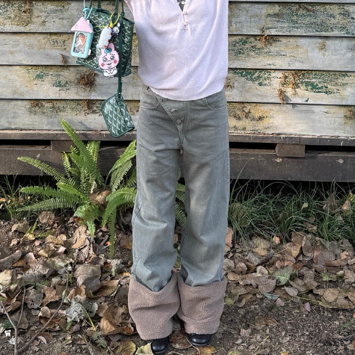 大码美式复古毛绒拼接牛仔裤