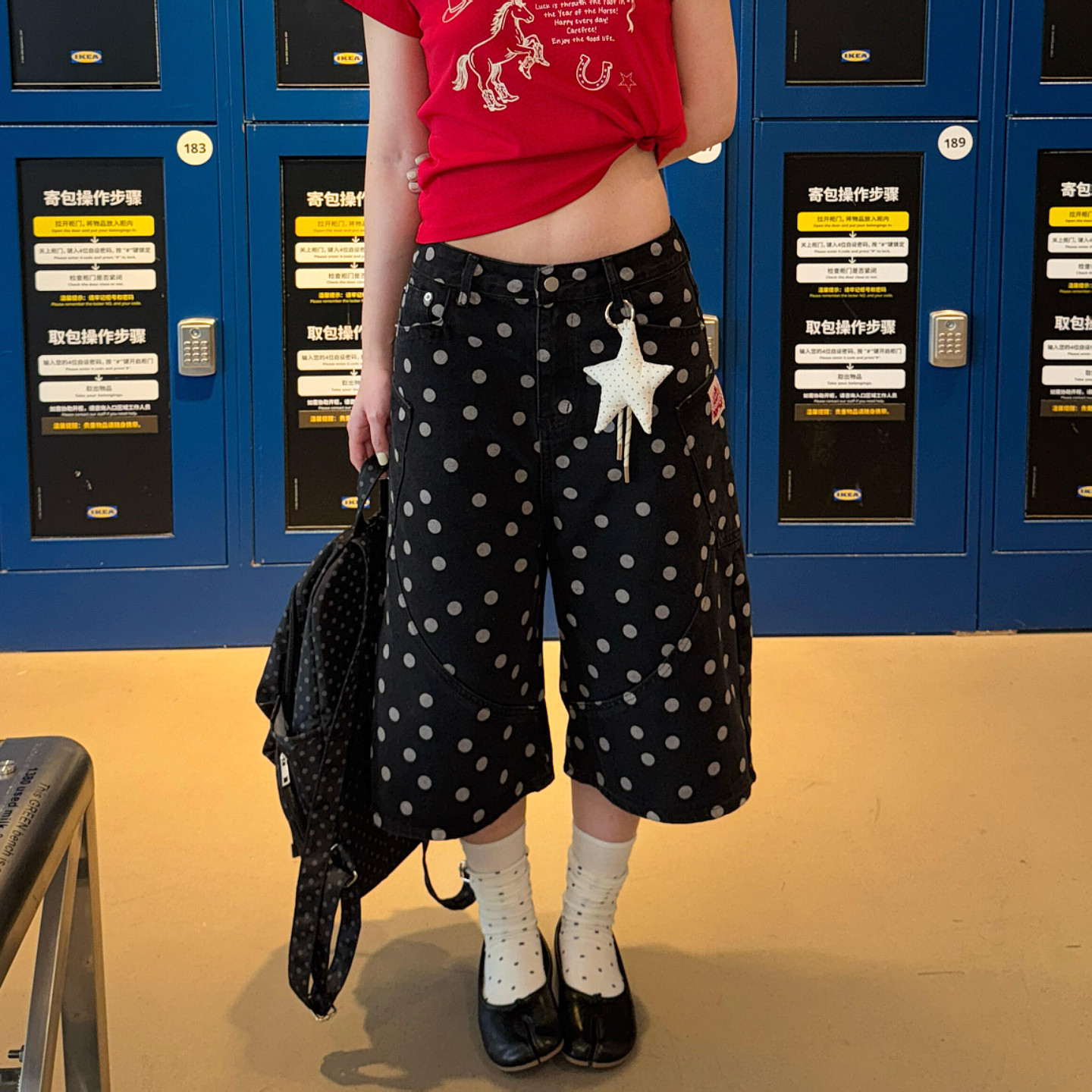 大码美式复古波点满印七分牛仔裤女夏季新款宽松直筒百搭阔腿短裤