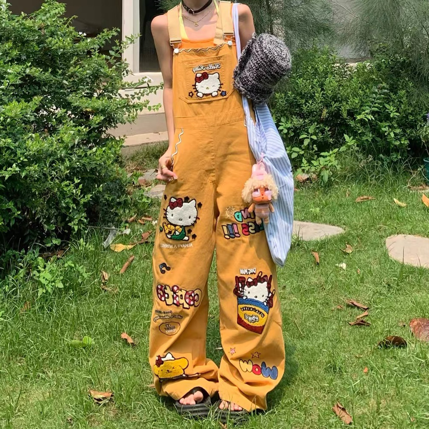 大码美式复古卡通猫咪刺绣牛仔背带裤女夏季宽松显瘦阔腿连体裤潮