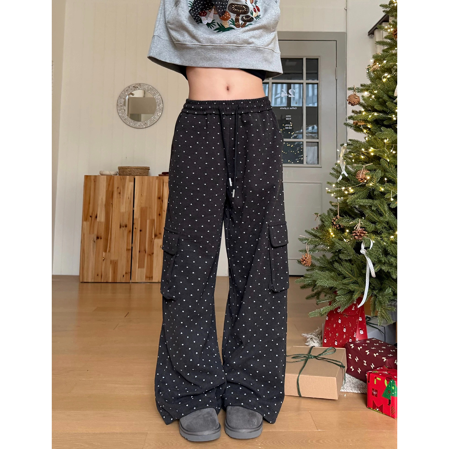 大码美式爱心波点阔腿休闲裤女