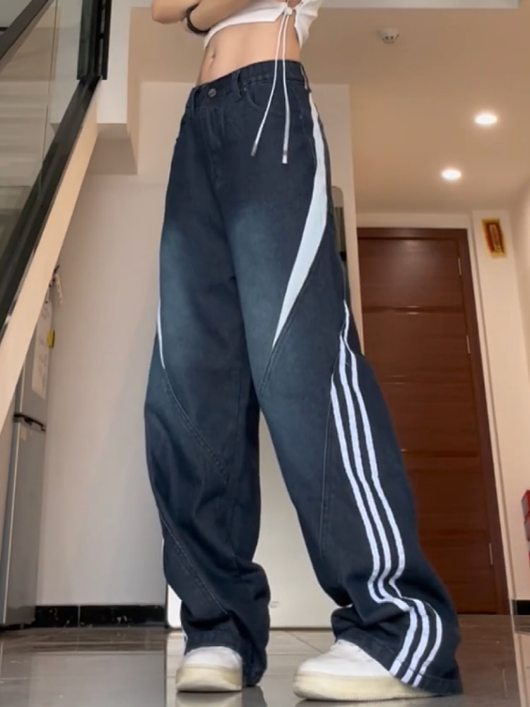 큰 사이즈 아메리칸 바이브 하이 스트리트 워시 스플 라이스 스트라이프 청바지 여성 디자인 루즈 스트레이트 스트레이트 드레이프 와이드 레그 팬츠