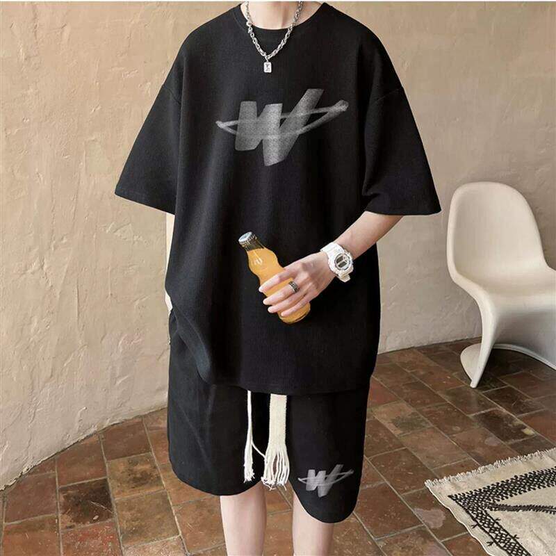 华夫格休闲运动套装男夏季字母印花短袖t恤潮帅气一套搭配衣服男
