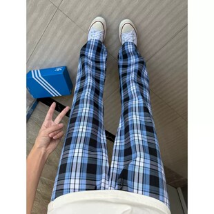 蓝色印花格子裤男女夏季薄款弯刀美式高街微喇裤子直筒休闲运动裤