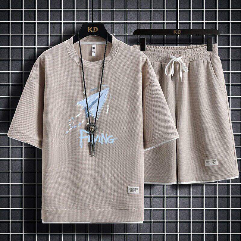 华夫格休闲运动套装男夏季潮流拼色短袖短裤一套衣服搭配潮流帅气
