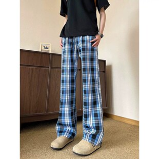 格纹裤子男女夏季速干阔腿格子裤美式高街轻薄款直筒裤运动休闲裤