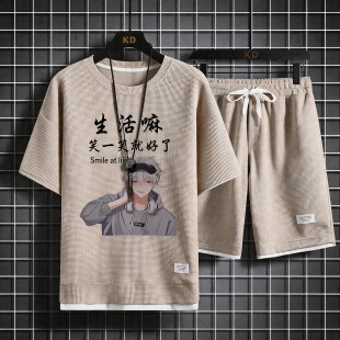 居家服套装男款夏季重磅纯棉华夫格短袖t恤短裤搭配一套睡衣睡裤
