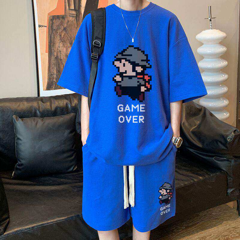 华夫格休闲运动服套装男夏季港风潮牌短袖短裤两件套青少年大码