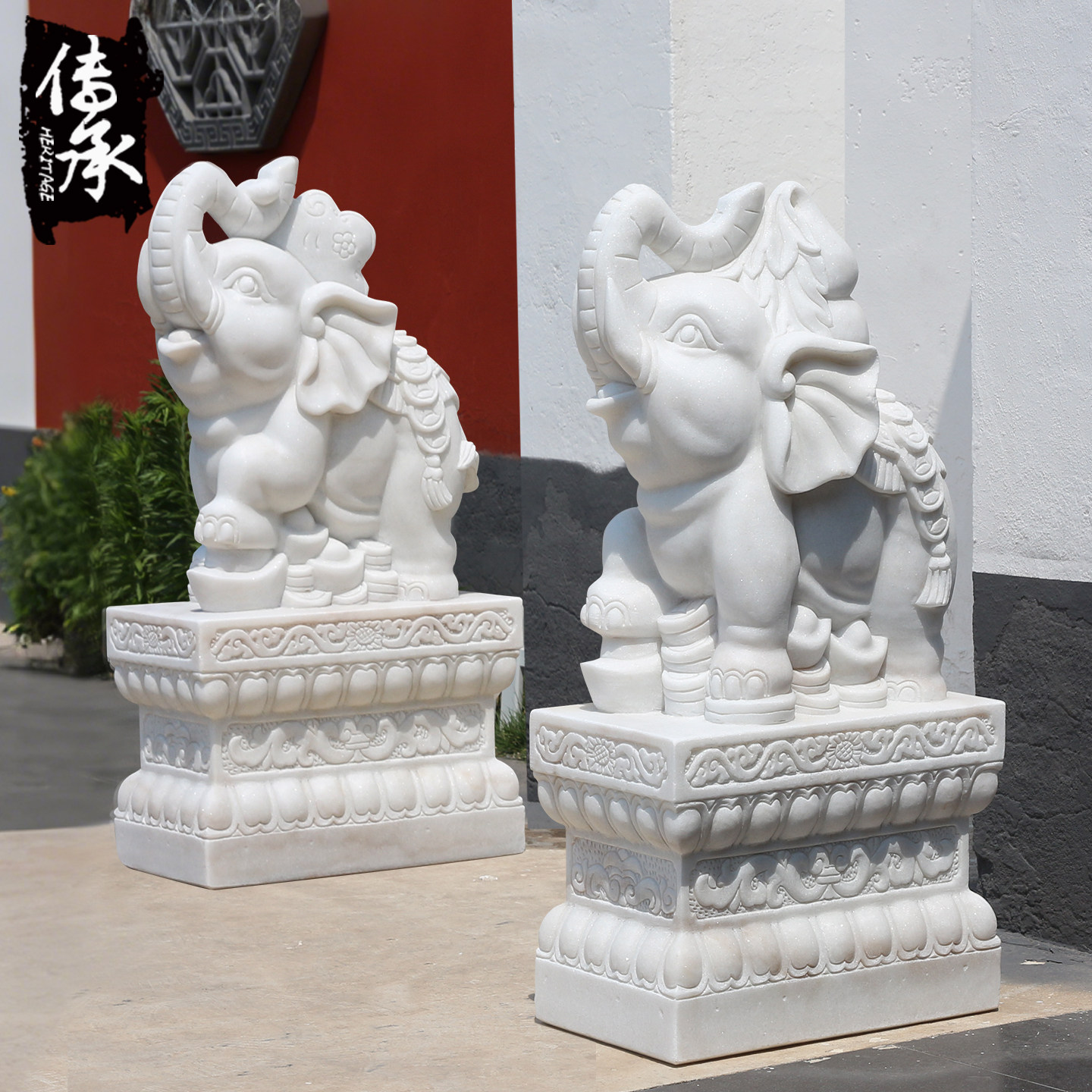 石雕大象一对门墩抱鼓石天然汉白玉石鼓门当看门小象石材摆件包邮
