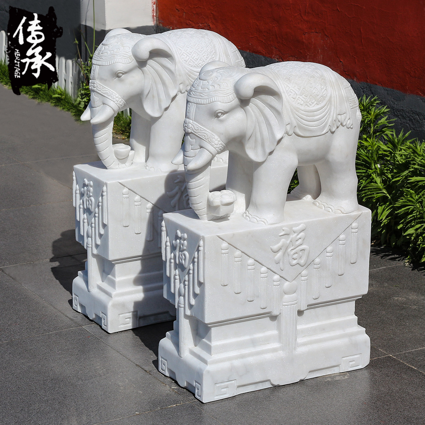石雕大象门墩抱鼓石一对天然汉白玉泰式小象石鼓庭院守门摆件包邮