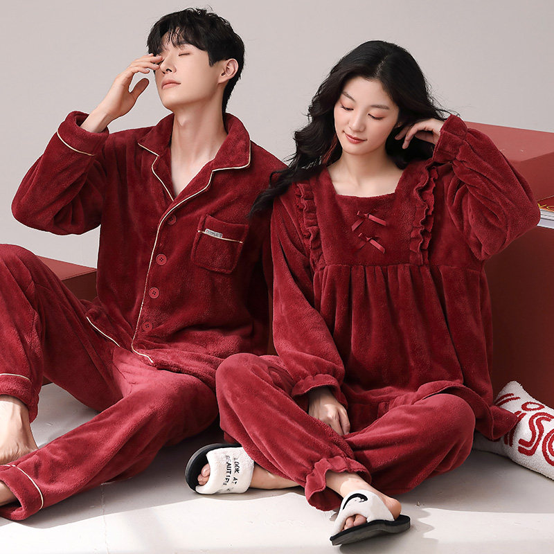 睡衣男女珊瑚绒红色法兰绒