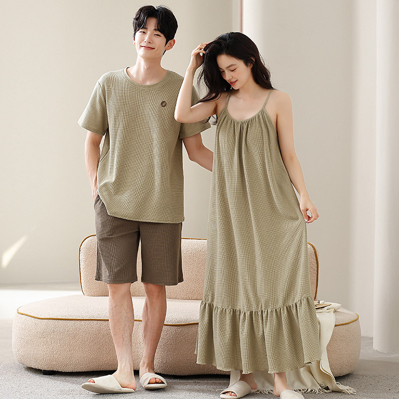 睡衣情侣纯棉提花华夫格家居服