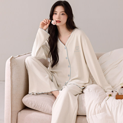 加绒加厚家居服套装V领开衫长袖