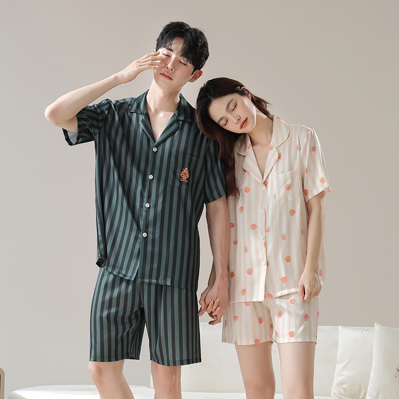睡衣情侣冰丝条纹丝绸透气