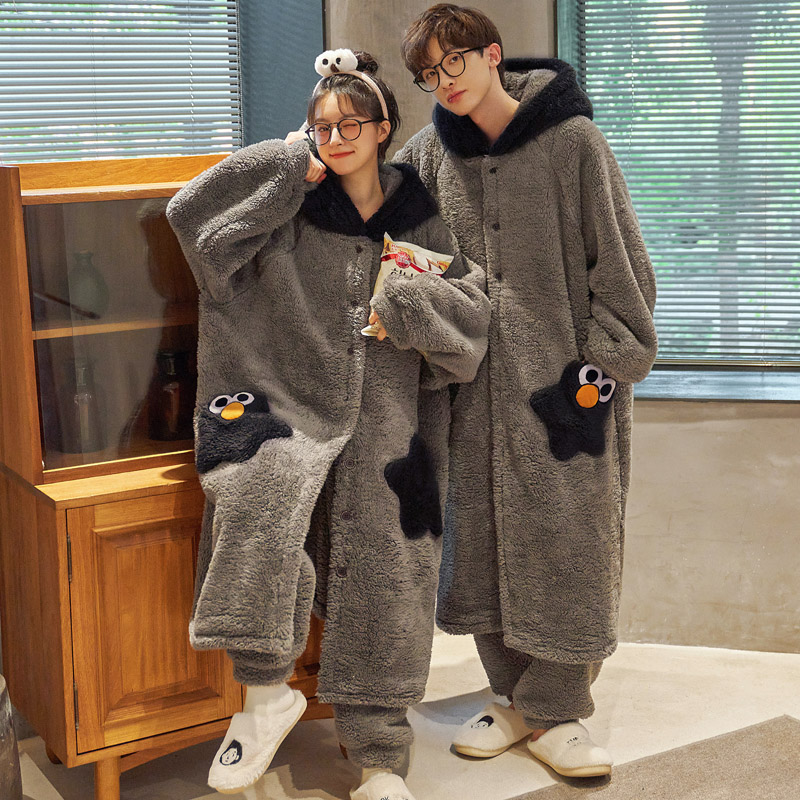 连帽睡衣情侣珊瑚绒加绒加厚浴袍