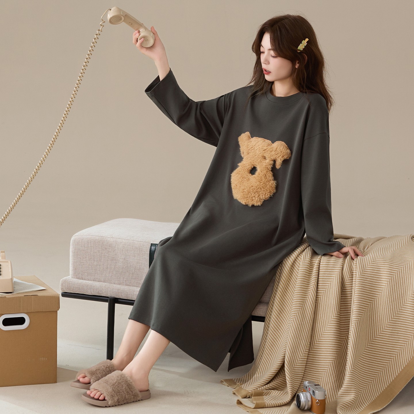 女士长款睡裙2026春秋新款卡通可爱小狗纯棉长袖连衣裙加大码胖mm