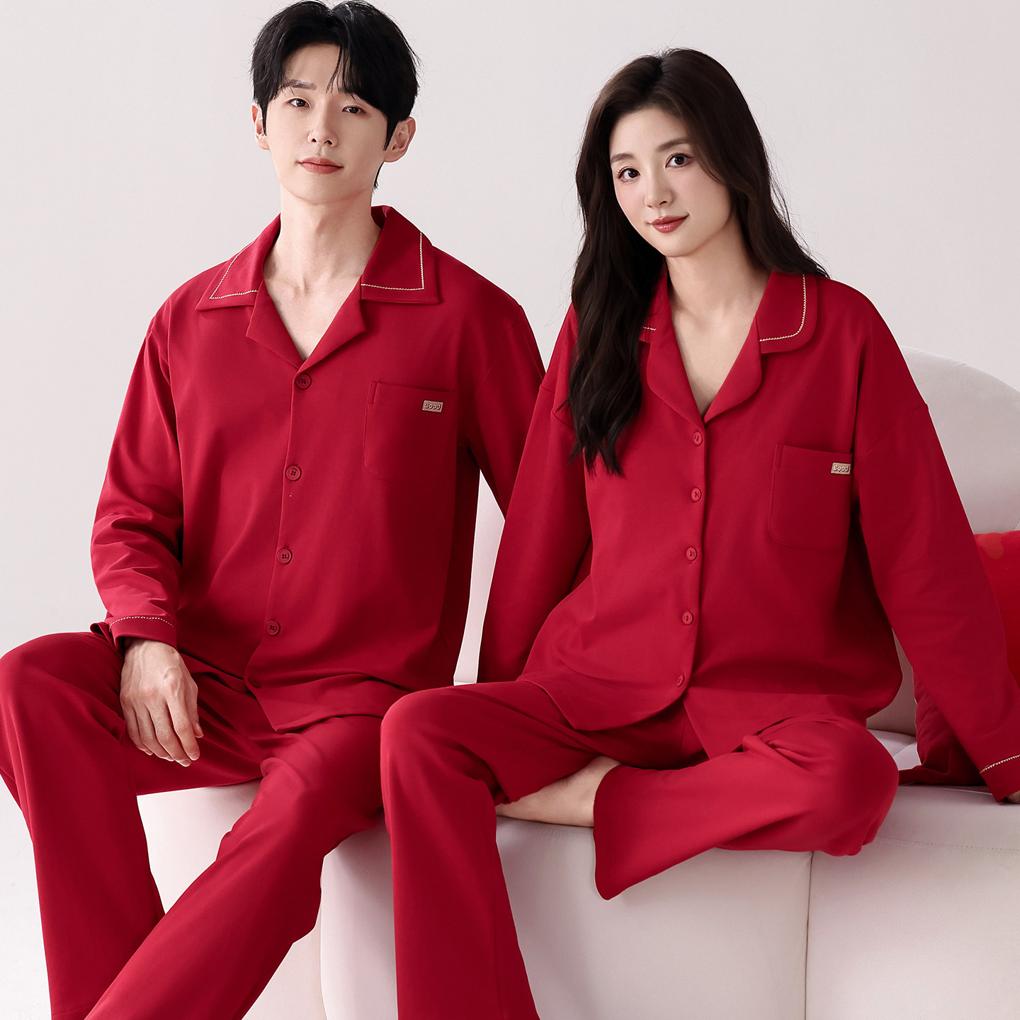2025新款长袖家居服男士红色套装
