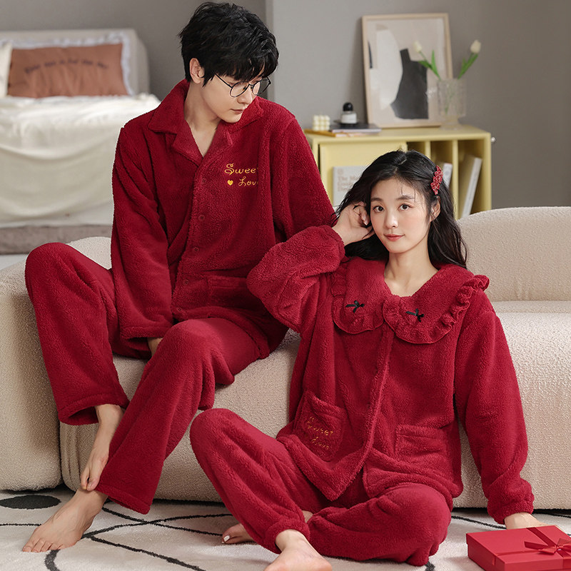 涵小哚情侣珊瑚绒酒红色法兰绒