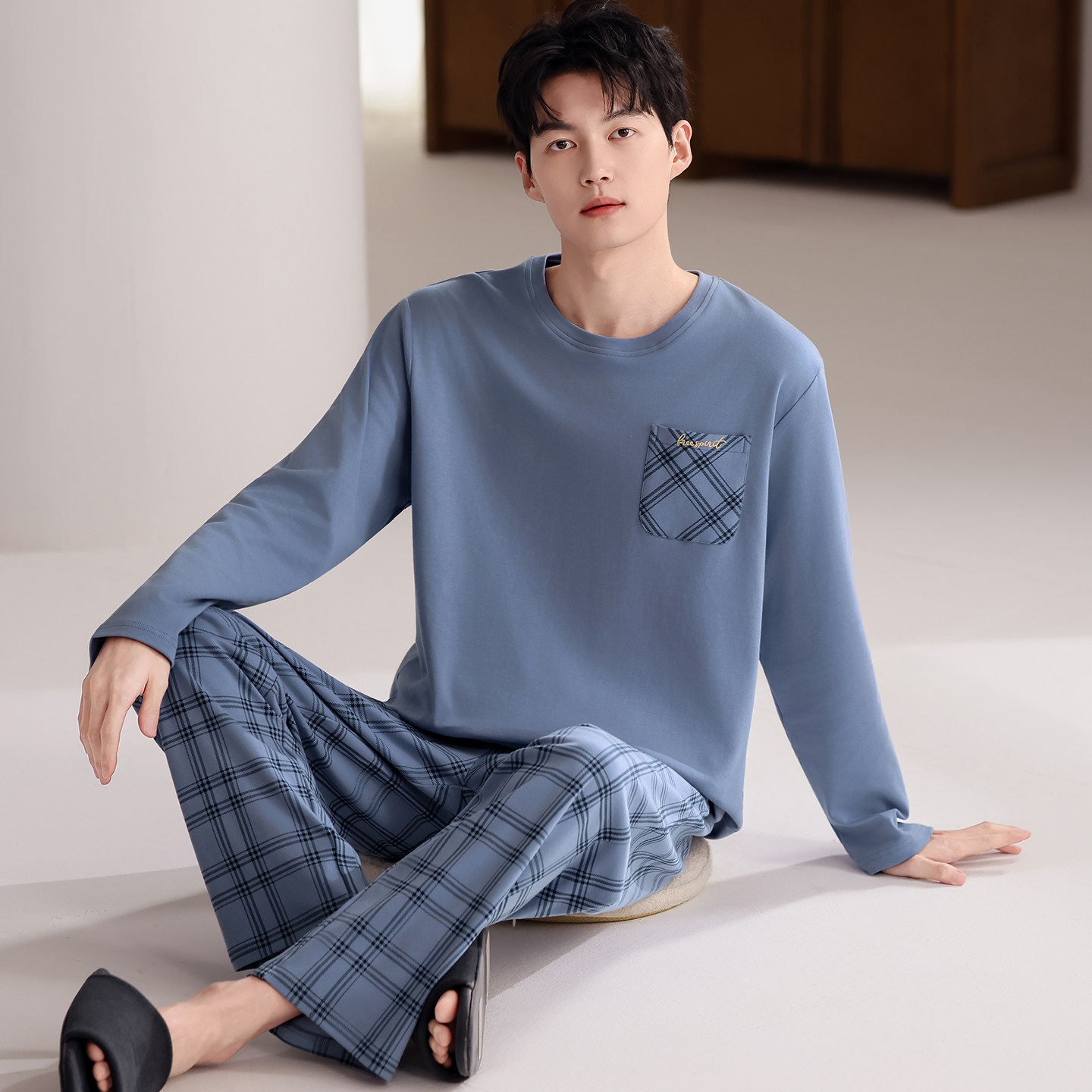 长袖长裤格子套装简约休闲可外穿