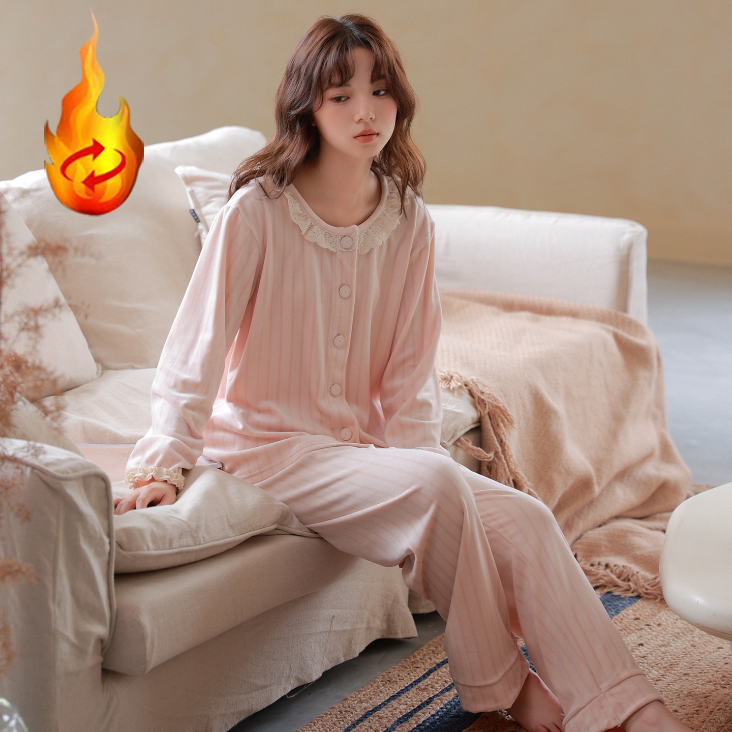 简约长袖长裤加厚磨毛保暖家居服