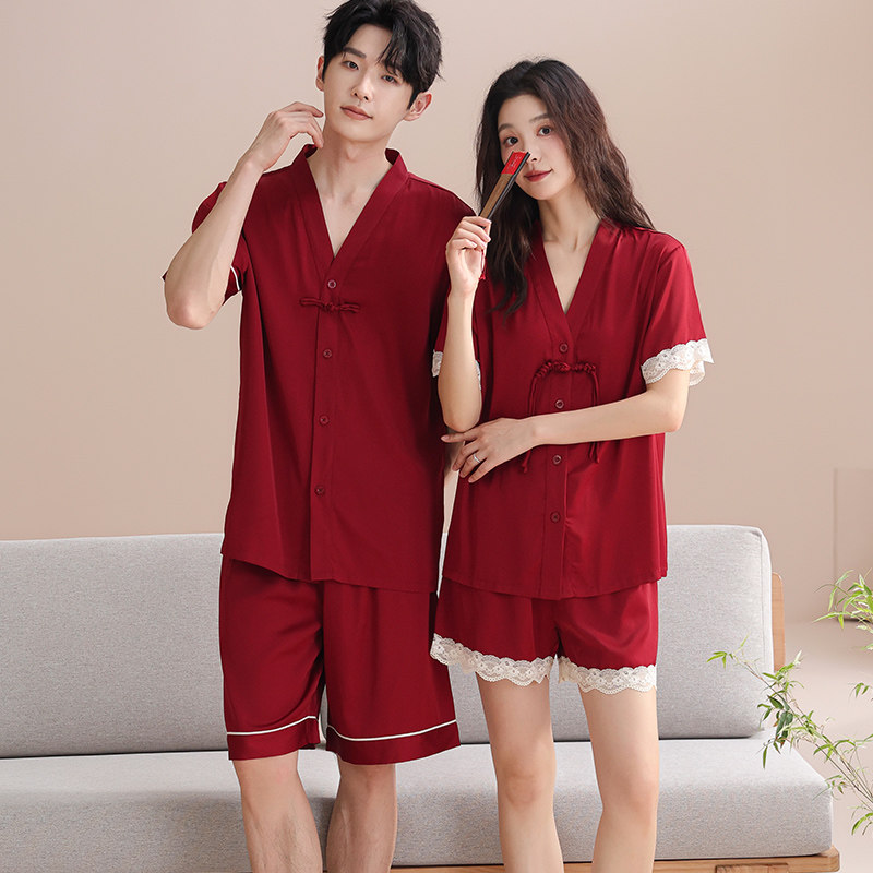 夏天丝绸高级感家居服翻领红色