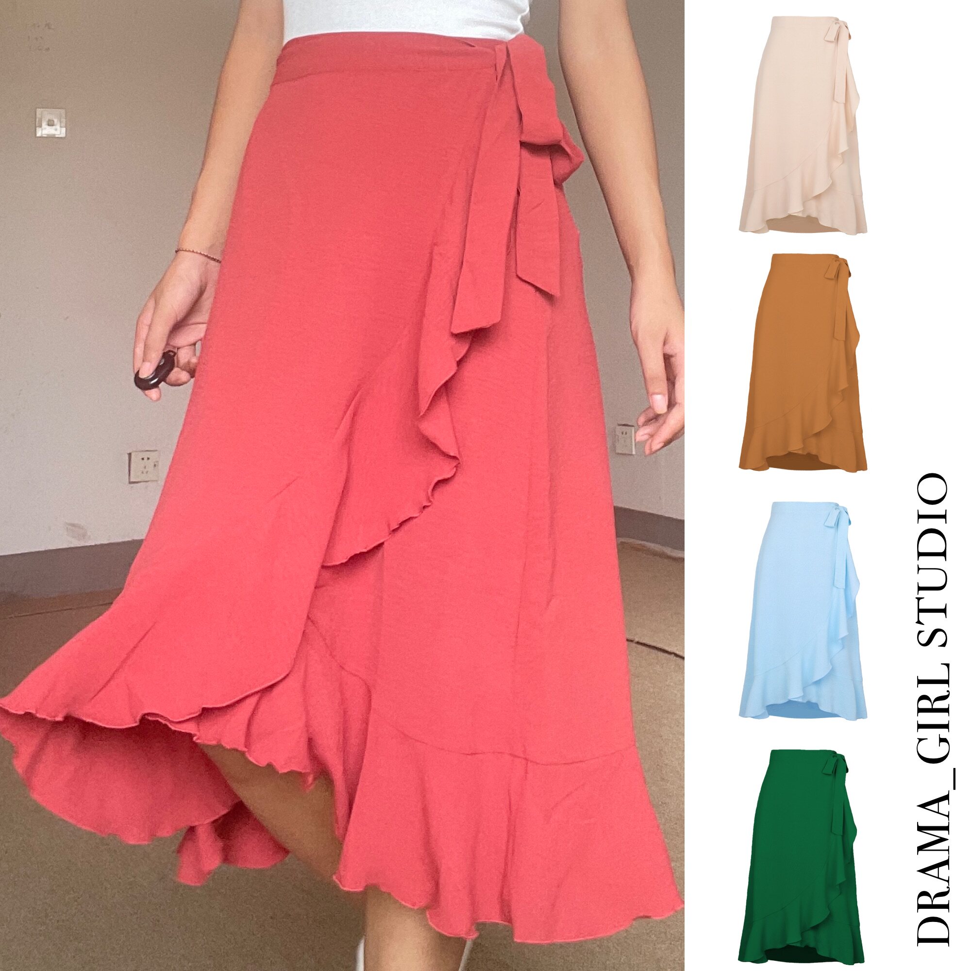 奢香夫人般的气质女人抓马一片式系带长裙不规则荷叶边纯色半身裙