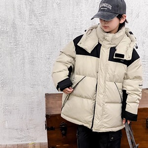 男童羽绒服冬季保暖女童白鸭绒外套2024新款拼色连帽中大童洋气潮