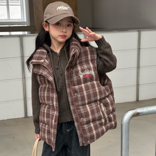 美式复古格纹无袖男女童羽绒马甲秋冬叠穿90白鸭绒背心坎肩上衣潮