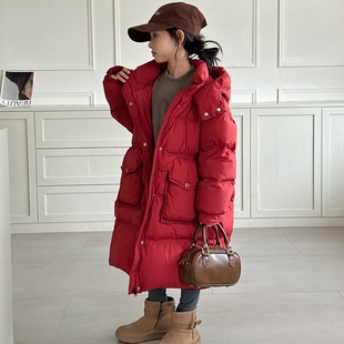 韩版女童中长款羽绒服90白鸭绒加厚连帽保暖外套中大童多巴胺风潮
