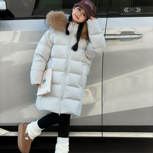 2025新款儿童中长款羽绒服90白鸭绒男女童加厚保暖连帽毛领外套潮