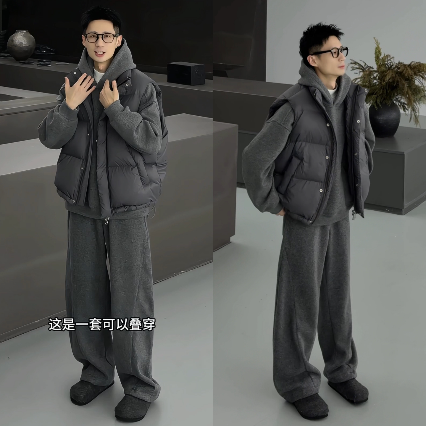 韩系简约加绒时尚休闲套装冬季新款男士高级连帽卫衣卫裤两件套潮