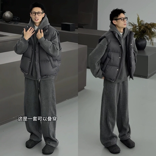韩系简约加绒时尚休闲套装冬季新款男士高级连帽卫衣卫裤两件套潮