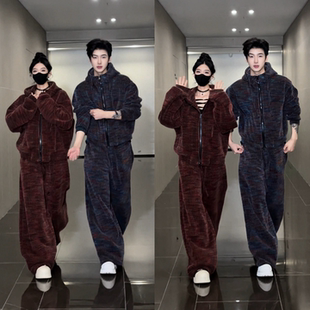 美式加绒休闲套装冬季新款男士时尚潮流连帽外套长裤两件套高级感