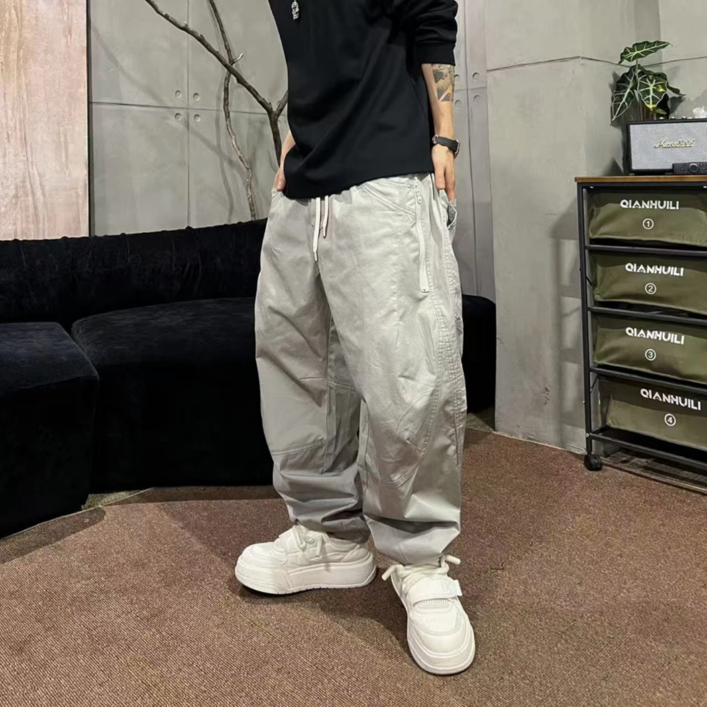 美式复古高街弯刀拼接百搭休闲裤