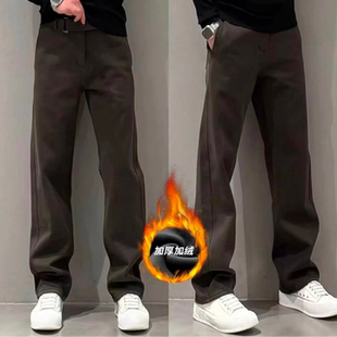 高级牛仔裤冬季新款男士百搭直筒加绒纯色休闲长裤轻奢气质高品质