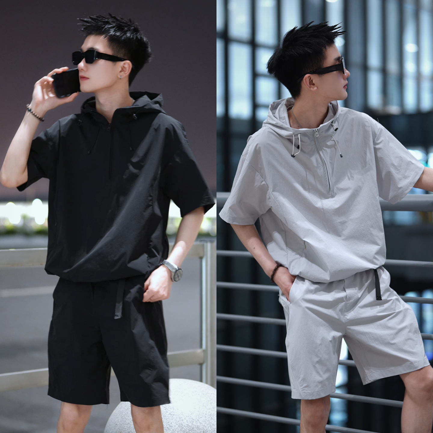 美式速干潮流工装套装夏季男士时尚连帽短袖短裤休闲高级感两件套