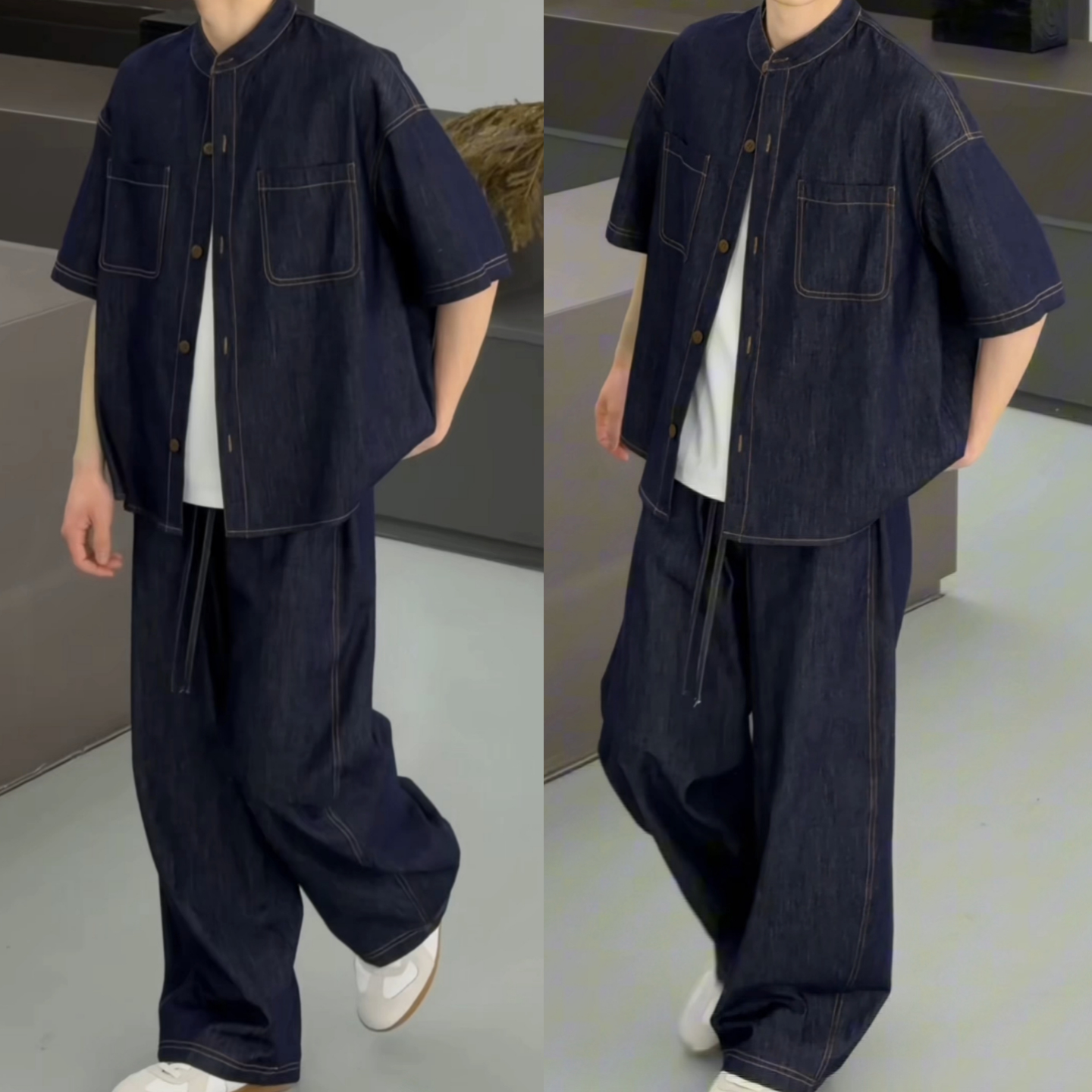 丁达尔砂洗原牛夏季牛仔套装男款