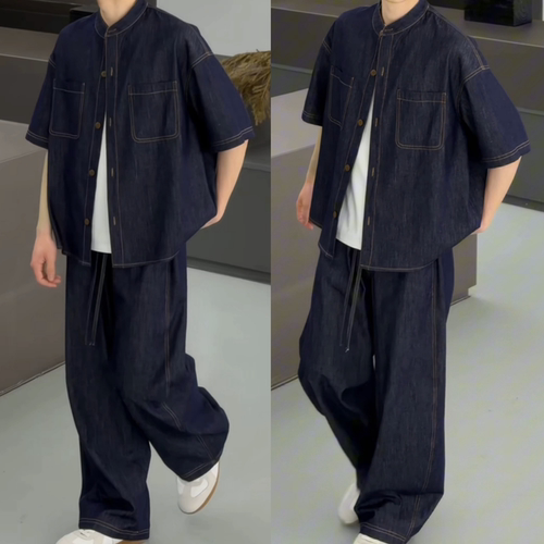 丁达尔砂洗原牛夏季牛仔套装男款