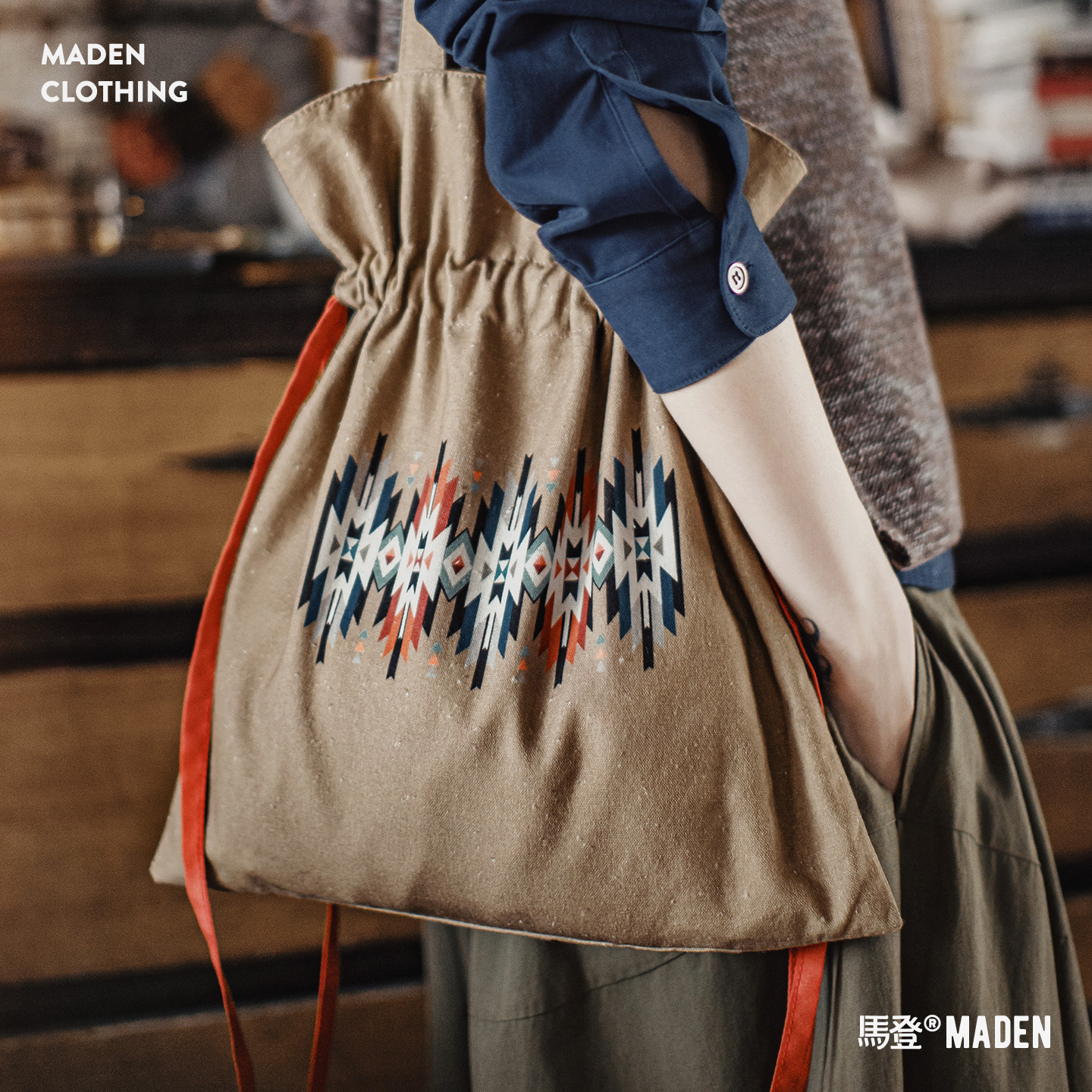 美式复古卡其色大容量便携式帆布手提袋子单肩腋下挎包包女士百搭