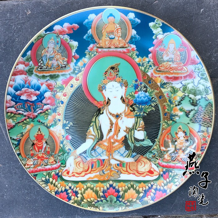 훌륭한 가치 JINGDEZHEN 도자기 고대 금 장식 도자기 접시 앉아 접시 교수형 접시 GUANYIN 벽 장식 거실 장식품