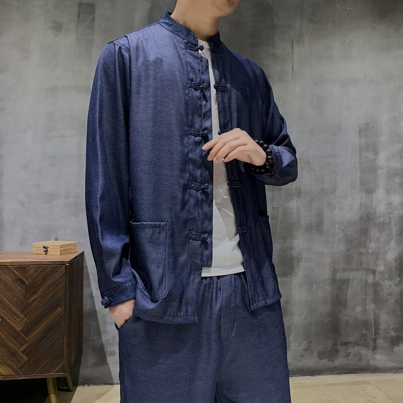 중장년층을 위한 고급 드레이피 수트 트렌디한 중국풍 복고 자켓 중국풍 데님 탕수트 자켓 아빠옷
