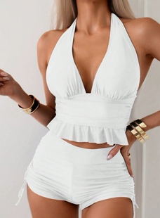 2025新款 泳衣 欧美外贸性感荷叶边背心系带分体泳衣女比基尼平角裤