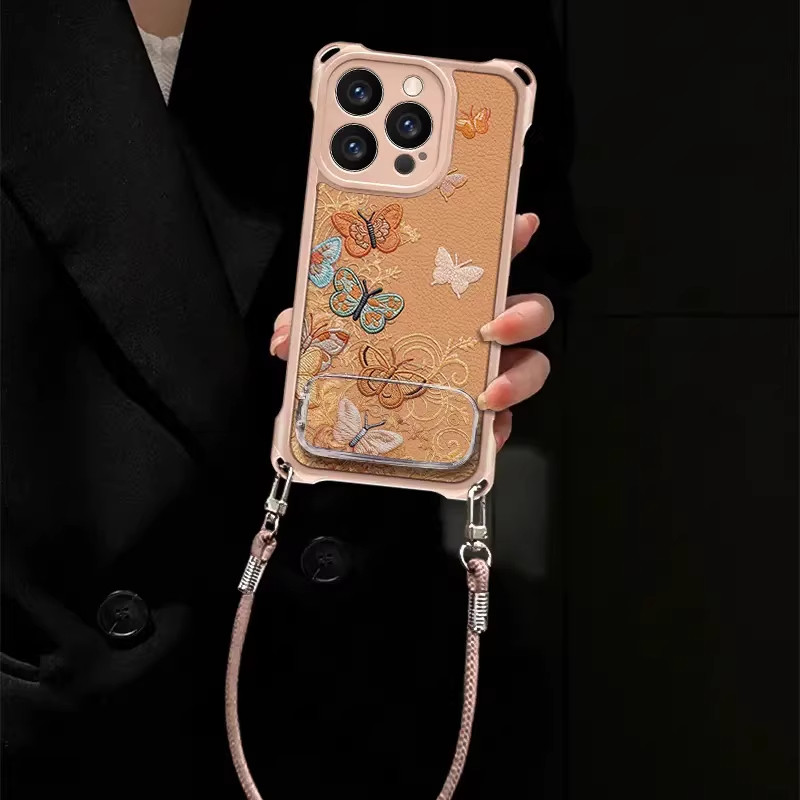 适用苹果vivo华为oppo小米手机壳新款iPhone17四角挂绳皮纹保护套16promax韩系小众不撞款mate80巨好看女外壳