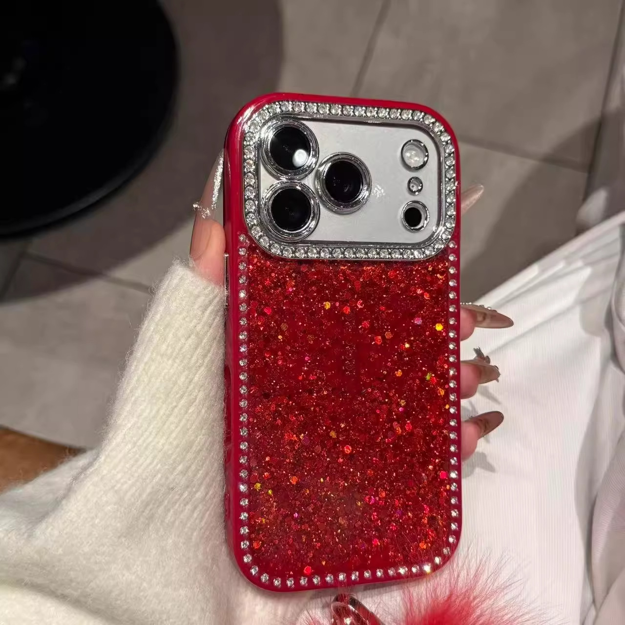 亮片围边点钻适用苹果17promax手机壳带毛球挂绳16pro新年款红色镜头全包保护套15/14高级独特超好看女生外壳,3C数码配件,手机保护套/壳,淘宝优惠券,粉丝福利购,淘宝优惠卷