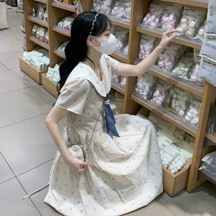 甜美海军领碎花连衣裙女大童夏季初中高中生小个子显瘦长裙少女风