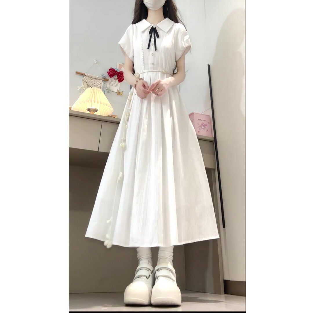 polo领衬衫白色连衣裙女大童胖童夏季小众设计感收腰气质A字长裙