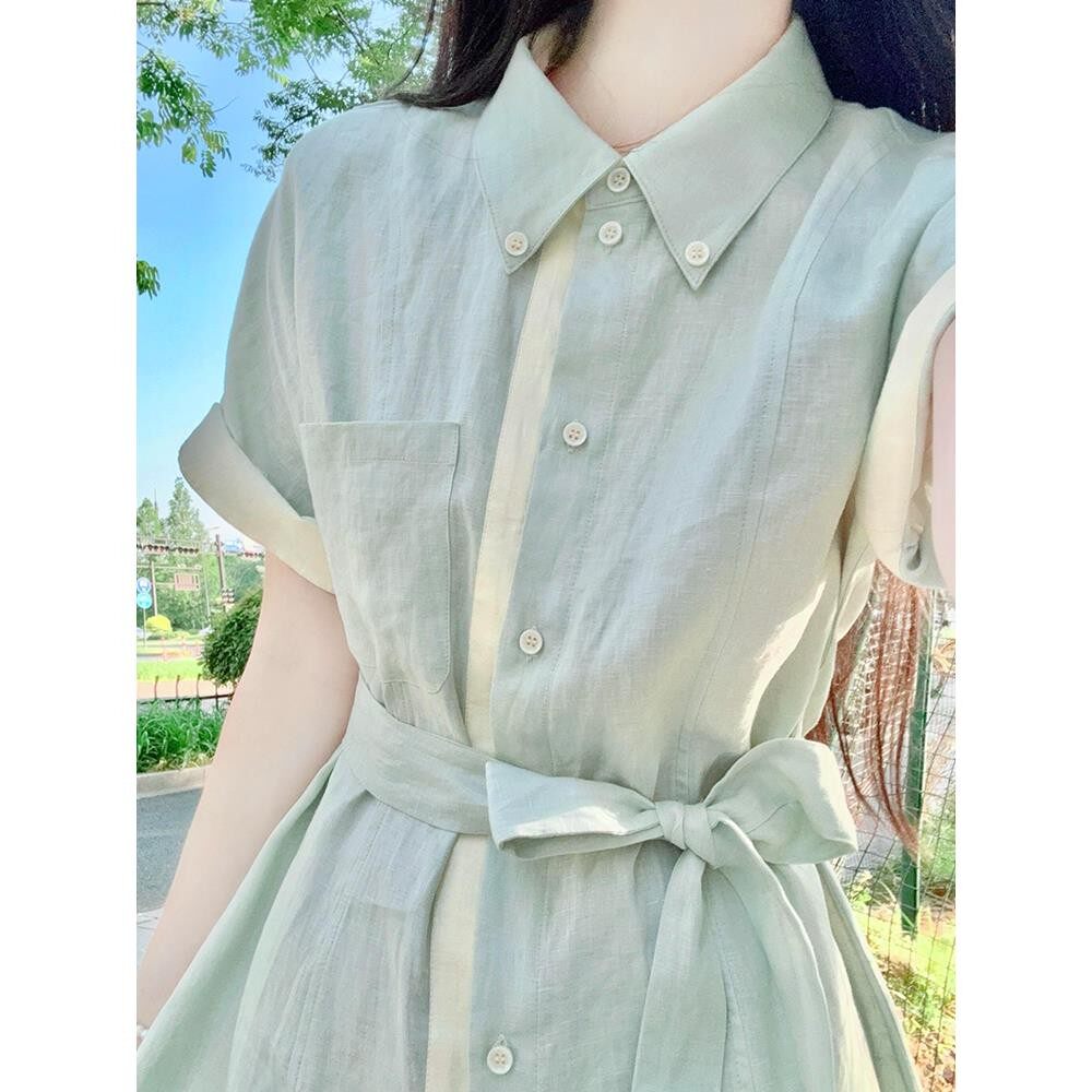 女大童胖童连衣裙夏季宽松显瘦棉麻衬衫裙初中高中生加肥大码长裙