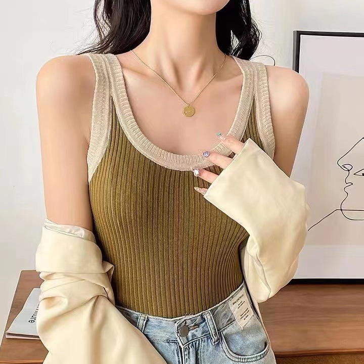 春夏季针织撞色吊带背心女外穿2025新款韩版小众设计针织修身上衣